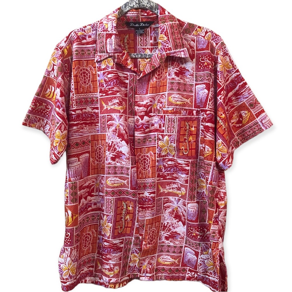 Vintage Silky Tropical Graphic Print Short Sleeve Camp Shirt St Martin L